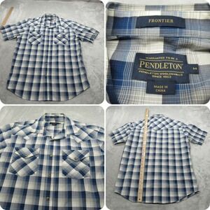 Pendleton Pearl Snap Shirt Mens Medium Blue Plaid Short Sleeve Western Frontier‎